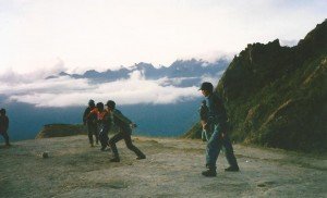 Playing soccer in the ruins on the Inca Trail
